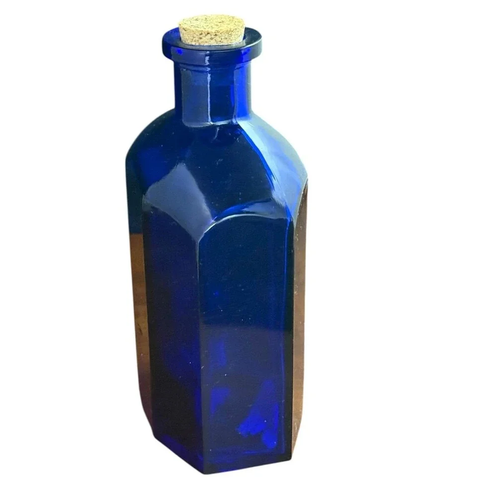 Pier 1 Vintage Cobalt Blue Glass Bottle Faceted Cork Mid Century Mediterranean